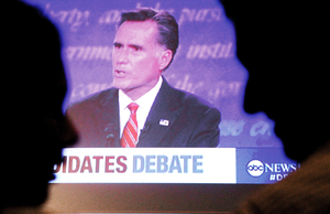 (FROM LEFT) Adrienne Sheriff and George Guarino, junior architecture majors, discuss the election process during a debate party held in Slocum Hall. Sheriff, a Canadian citizen, compared elections from her country with those of the United States. Wednesday night marked the first presidential debate, in which President Barack Obama and Republican candidate Mitt Romney presented their views on domestic issues.
