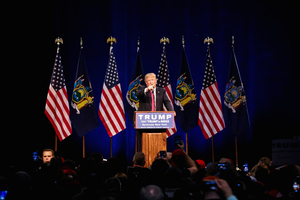 In April 2016, Donald Trump campaigned in Syracuse where he talked about how Americans would win in many areas, including jobs, the military and trade, under his leadership.