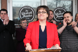 Dana Balter, pictured at a rally in April, won a place on the ballot for New York's 24th Congressional District November general election.