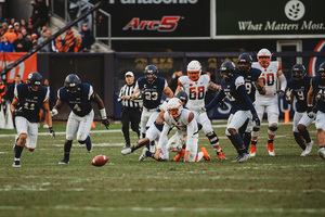 Tommy DeVito initially appeared to fumble on this play, but he was ruled down in SU's loss to Notre Dame.