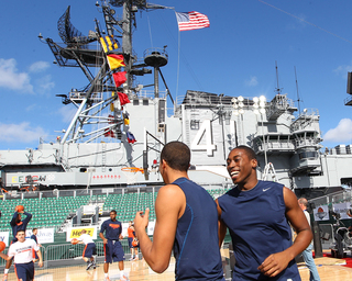 Matt Lyde-Cajuste smiles during practice for media day on Nov. 10, 2012 before Sunday's Battle on the Midway game against the San Diego State Aztecs aboard the USS Midway.