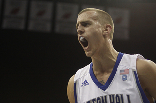 Seton Halls Haralds Karlis shouts in the Pirates' 11-point loss to Syracuse Saturday night at the Prudential Center. Karlis. He had eight points, four rebounds, four assists, two turnovers and a block in 30 minutes of playing time.