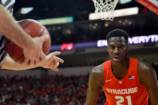 Roberson stares intently toward the ball as the referee readies to hand the ball to N.C. State for an inbounds play.