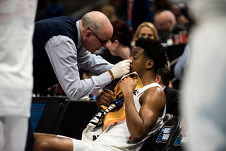 Hughes was taken out for a few plays because he had a bloody nose. Trainer Brad Pike attended to him on the bench. 